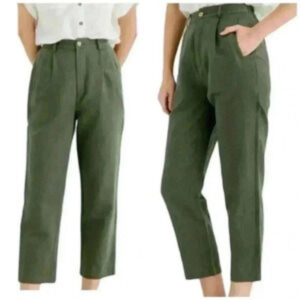High-Waist Linen Cotton Blend Olive Green Women's Cropped Tapered Pants